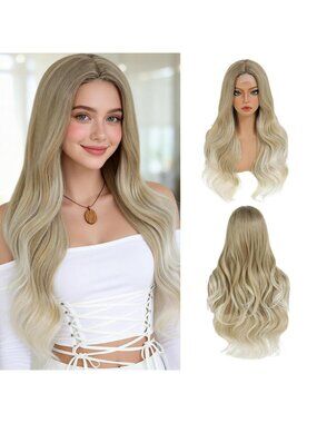 Women's Ash Blonde 26 Inch Middle Part Natural Looking Synthetic Curly Wigs
